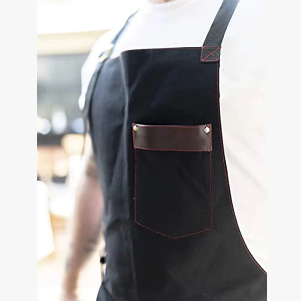 Thickened Chef Canvas Apron with Multiple Pockets Leather Splicing Work Clothes Home Kitchen Barbecue anti Fouling Apron