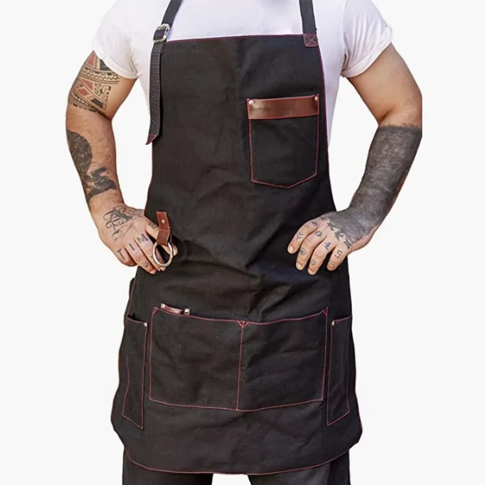 Thickened Chef Canvas Apron with Multiple Pockets Leather Splicing Work Clothes Home Kitchen Barbecue anti Fouling Apron