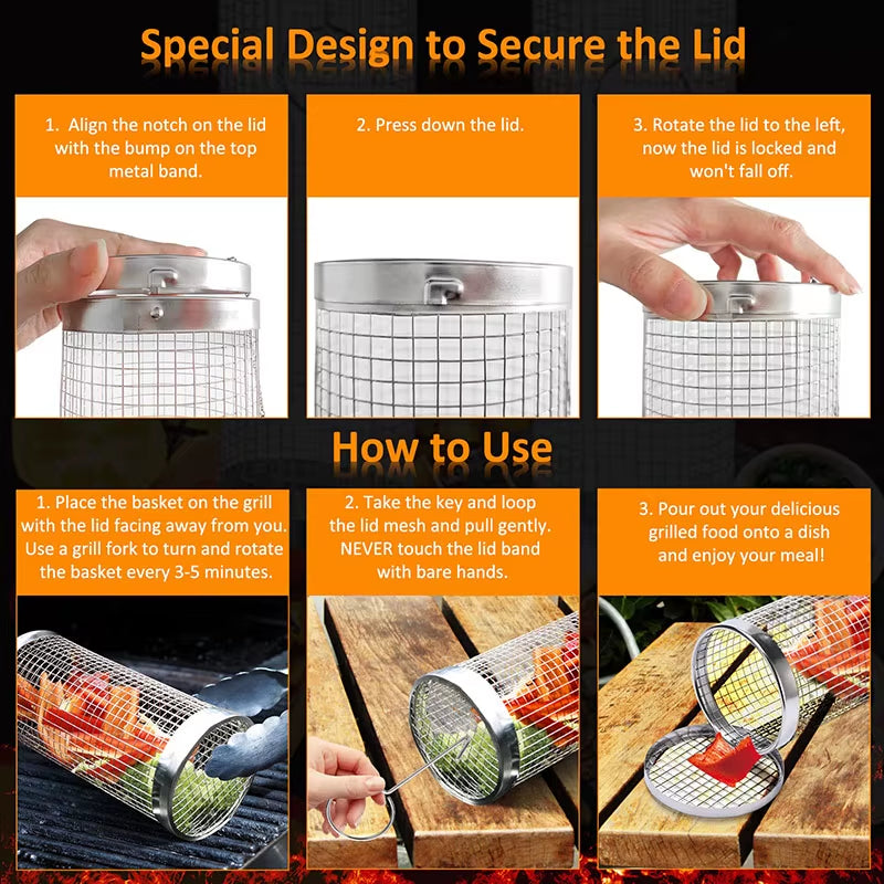 Grill Basket BBQ Grill Basket Rolling Grilling Basket Stainless Steel Grill Mesh Useful Barbeque Grill Accessories Portable