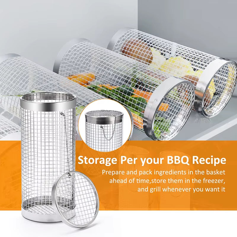 Grill Basket BBQ Grill Basket Rolling Grilling Basket Stainless Steel Grill Mesh Useful Barbeque Grill Accessories Portable