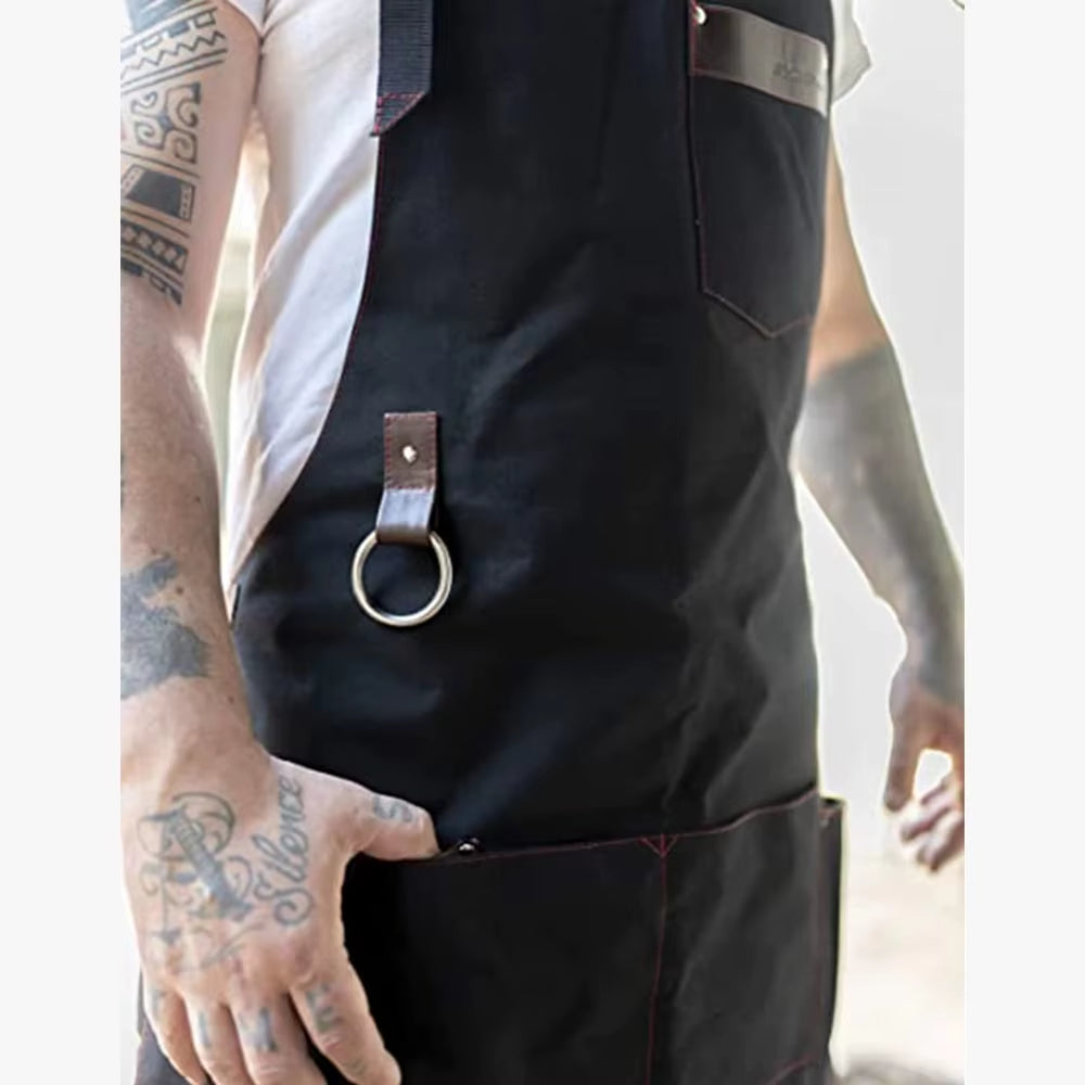 Thickened Chef Canvas Apron with Multiple Pockets Leather Splicing Work Clothes Home Kitchen Barbecue anti Fouling Apron